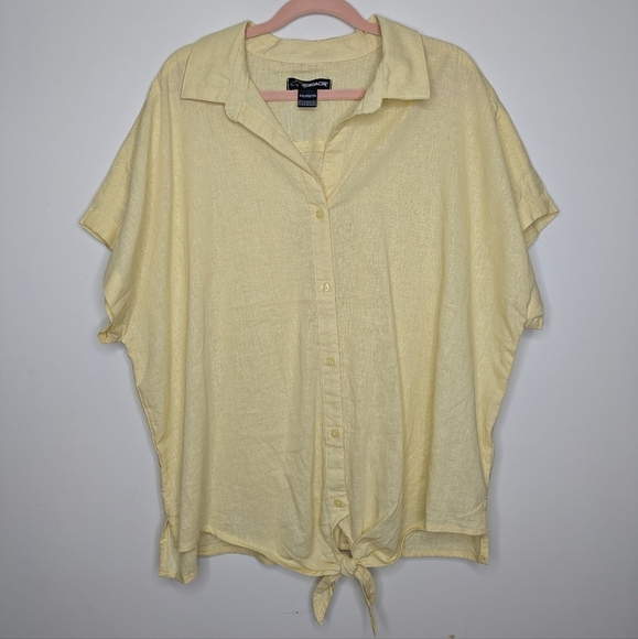 Jordache XXL Linen Blend Yellow Button-Up Tie Front Top - Picture 3 of 11